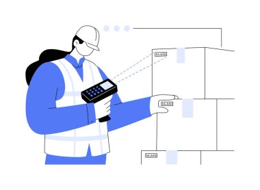 Barkod okuyucu soyut konsept vektör çizimi. Malı, toptan satış işini, dış ticareti, envanter teknolojilerini soyut metaforu tanımlamak için barkod tarayıcısı kullanan bir depo çalışanı..
