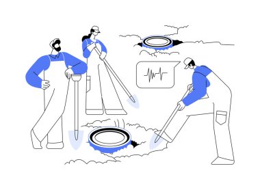 Sismik sensörler soyut konsept vektör illüstrasyonunu gösteriyor. Titreşim sensörü ve sismokop kullanan bir grup adam, ekoloji endüstrisi, çevre bilimi, deprem önleme soyut metaforu.