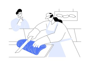 Perakende et soyut konsept vektör illüstrasyonunu keser. Satıcı, süpermarkette müşteriler, gıda işleme endüstrisi, protein ürünleri, market soyut metaforu için çiğ et kesiyor..