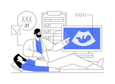 Down sendromu soyut konsept vektör çizimi taraması. Gelecekteki ebeveynler ultrason taramasını doktor, tıbbi genetik, kalıtsal bozukluklar, Down Sendromu önleme soyut metaforuyla yapıyor..