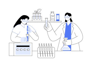 Soyut konsept vektör illüstrasyonunu belirleyen deneysel koşullar. Bilim insanları laboratuvar aletleri ve test tüpleri düzenliyor, tıbbi deney için hazırlanıyor, temel araştırma soyut metaforu.