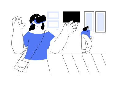Müze sanal konsept vektör çizimi. Müzede VR gözlüklü kadın, sanal ve artırılmış gerçeklik sergisi, modern teknoloji, dijital gezi soyut metafor.