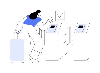 Ulaşım akıllı kart soyut konsept vektör çizimi. Toplu taşımacılığa erişmek için akıllı kart kullanan kişi, IoT fikri, Şeylerin İnterneti, modern şehir teknolojisi soyut metaforu.