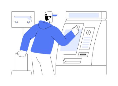 Bilet makinesi soyut konsept vektör çizimi. İnsan, toplu taşıma, akıllı şehir, şeylerin interneti, modern teknoloji soyut metaforu için bir makineye bozuk para atar..