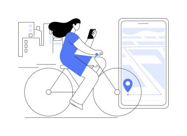 Akıllı bisiklet navigasyonu soyut konsept vektör çizimi. İnsan bisiklete biner ve navigatör kullanır, akıllı şehir, GPS, eşyaların interneti, modern teknoloji soyut spor metaforu için.