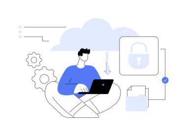 Güvenli çizme soyut konsept vektör çizimi. Dizüstü bilgisayarı olan adam güvenli bot protokolü, akıllı şehir güvenliği, IOT fikri, şeylerin interneti, modern teknoloji soyut metaforu ile ilgilenir..