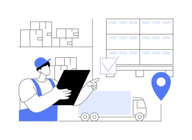 Soyut konsept vektör illüstrasyonunu sırala. Taşıma, ihracat ve ithalat işleri için tablet kontrol sırasına sahip depo işçisi, dış ticaret endüstrisi soyut metaforu.