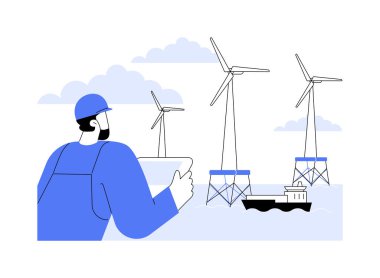 Offshore rüzgar enerjisi soyut konsept vektör çizimi. Açık deniz rüzgar türbini, ekoloji çevre endüstrisi, sürdürülebilir teknoloji, yenilenebilir enerji soyut metaforu araştıran mühendis..