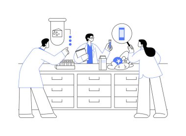 Yeni gıda ürünlerinin gelişimi soyut konsept vektör çizimi. Laboratuvar, doğa bilimi, biyoloji ve kimya sektörlerinde yeni gıda ürünleri üreten bir grup mühendis soyut metafor.