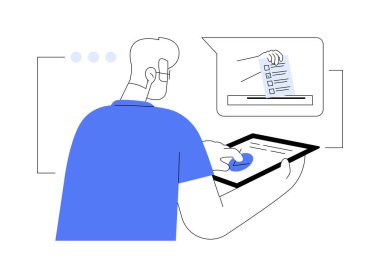 Online soyut konsept vektör illüstrasyonu oylanıyor. Vatandaşın elinde çevrimiçi oy kullanma tableti, hükümet seçim fikri, sosyal bilim, uzak seçim, siyaset sektörü soyut metaforu.