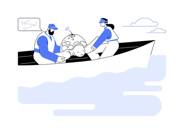 Мониторинг морской дикой природы абстрактная концептуальная векторная иллюстрация. Группа морских биологов помечая животных, морских диких животных исследования, экологии промышленности, экологии науки абстрактные метафоры.