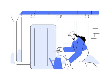 Yağmur suyu tankı soyut konsept vektör çizimi. Yağmur suyu koleksiyonu için fıçı kullanan kadın, akıllı ev teknolojisi, ekoloji bakımı, sürdürülebilir su yönetimi soyut metaforu..