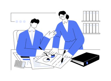 Devlet denetlemesi soyut konsept vektör illüstrasyonu. Finans müfettişi şirket raporunu, bürokrasi prosedürlerini, vergi ve denetim denetimini, gelir hesaplama soyut metaforunu kontrol ediyor.