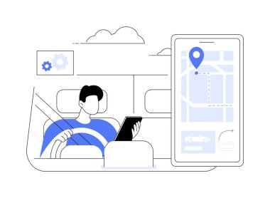 Navigasyon uygulamaları soyut konsept vektör çizimleri. Arabada oturan ve navigasyon uygulamalı akıllı telefon kullanan bir adam, ekrandaki trafik hakkında bilgilendirme, rota optimizasyonu soyut metafor.