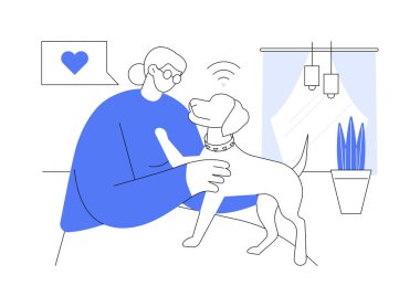 Terapötik robot soyut konsept vektör çizimi. Bunamış yaşlı bir kadın stresi, modern teknolojiyi, hastayı, sağlık hizmetlerini, soyut metaforu azaltmak için robotik oyuncaklar kullanıyor..