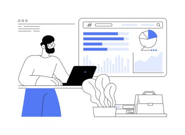 SEO analiz yazılımı soyut konsept vektör çizimi. İş adamı profesyonel SEO yazılımı, bilişim teknolojisi, organik arama pazarlama uygulaması soyut metaforu kullanarak web sitelerinin sıralamasını analiz eder.