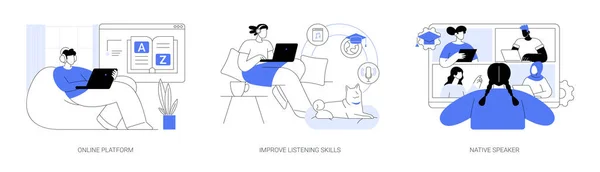 Fremdsprachliches Fernlernen Isolierte Zeichentrickvektorillustrationen Gesetzt Online Sprachlernplattform Verbesserung Der Hörfähigkeiten — Stockvektor
