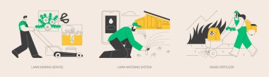Bahçe hizmetleri soyut konsept vektör illüstrasyon seti. Çim biçme hizmeti, çim sulama sistemi, çim gübresi, havacılık ve yabani otlar, karahindiba temizleme, soyut sulama metaforu.
