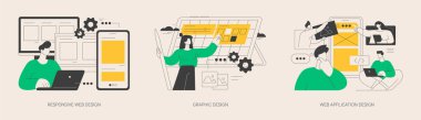 Grafik tasarımcı servisi soyut konsept vektör çizimi seti. Yanıt web tasarımı, grafik ve web uygulaması, UI ve UX, iniş sayfası düzeni, kullanıcı arayüzü, CSS medya soyut metaforu.