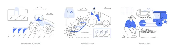 農作物抽象概念ベクターイラストセットの栽培 トラクターが付いている農家は土を準備し 種を蒔き 栽培し 農業機械類の抽象的な比喩を収穫します — ストックベクタ