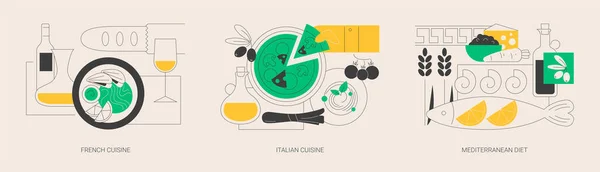 经典欧式烹饪抽象概念矢量图集 法国和意大利菜 地中海菜 精美的餐厅 意大利面 健康的饮食 美味的抽象隐喻 — 图库矢量图片
