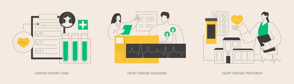 ハートアタック抽象概念ベクトルイラストセット 心臓の患者カード 心臓病の診断と治療 血液検査 病院のケア 心拍数と胸痛抽象的なメタファー — ストックベクタ