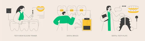 Kieferorthopädische Versorgung Abstraktes Konzept Vektor Illustrationsset Zahnverschleiß Silikontrainer Zahnspangen Zahnplatte — Stockvektor