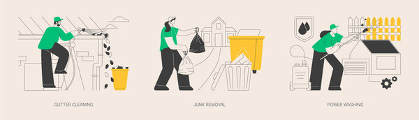 House and garden maintenance abstract concept vector illustration set. Gutter cleaning, junk removal, power washing, leaf and moss removal, yard waste disposal, remove dust and mold abstract metaphor.