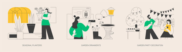Идеи оформления сада абстрактная концепция векторного набора иллюстраций. Сезонные плантаторы, садовые украшения, наружное украшение вечеринки, ландшафтный дизайн, ванна для птиц, колокольчик ветра, магазин абстрактной метафоры онлайн.