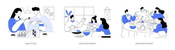 Cuisine Asiatique Isolé Illustrations Vectorielles Dessin Animé Ensemble Happy Couple — Image vectorielle