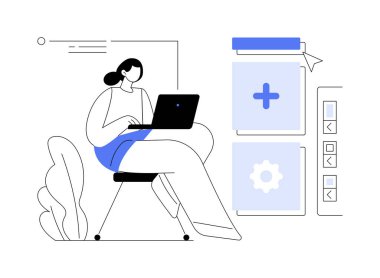 Web sitesi oluşturucu soyut konsept vektör çizimi. Profesyonel web sitesi oluşturma yazılımı, modern bilişim teknolojisi, çevrimiçi sayfa geliştirme ve bakım metaforu kullanan kadın.