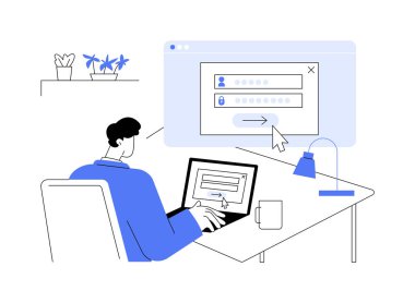 Soyut konsept vektör çizimini kaydet. İnternet sitesinde dizüstü bilgisayarı olan adam, modern bilişim teknolojisi, profesyonel yazılım, bilgisayar ekranındaki soyut metafora kayıt süreci.