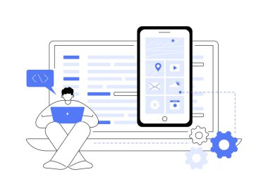 Doğal mobil uygulama soyut konsept vektör çizimi. Laptop ve akıllı telefon kodlama yerli uygulama, bilişim teknolojisi, uygulama geliştirme, kullanıcı deneyimini optimize et soyut metafor.