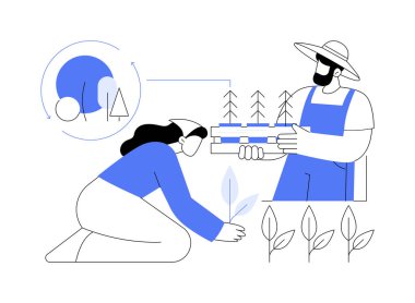 Yeniden ağaçlandırma soyut konsept vektör çizimi. Ağaçları yeniden eken çiftçi grubu, ekosistem restorasyonu, ekolojik felaket, çevre sorunu, soyut metafor fikri.