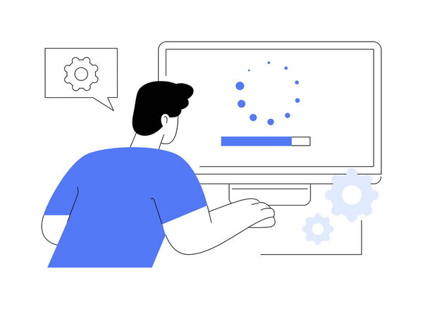 Скачать программный абстрактный концепт векторной иллюстрации. Человек скачивает программное обеспечение на компьютер, современные IT-технологии, профессиональную установку программ, обновление приложений и метафору.