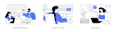 Küçük işletme kredisi karikatür vektör çizimleri ayarlandı. Mevcut iş planı, başlangıç sermayesi için online başvuru, kredi onayı, kredi notu, borç anlaşması vektör karikatürü.