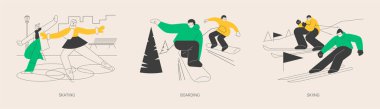 Kış sporları soyut konsept vektör çizimi seti. Buz pateni, kayak ve kayak, açık hava buz pateni pisti, snowboard dağı yamacı, tatil beldesi, ekstrem sporlar, serbest stil sürücüsü soyut metaforu..