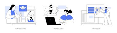 Uzaklık eğitim süreci izole edilmiş çizgi film vektör çizimleri ayarlandı. Uzaktan öğrenme, çevrimiçi dersler, sınav formu, modern öğrenci hayatı, pandemik vektör karikatürü sırasında eğitim süreci.