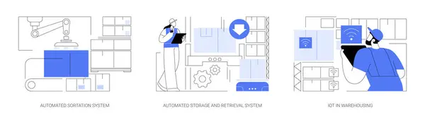Conjunto Ilustraciones Vectores Dibujos Animados Aislados Automatización Almacenamiento Artículos Clasificación — Vector de stock