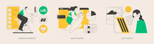 健康维护和福祉抽象概念向量图集 连接锻炼 睡眠跟踪 光疗法 智能健身房 运动视频辅导 可穿戴监视器抽象隐喻 — 图库矢量图片