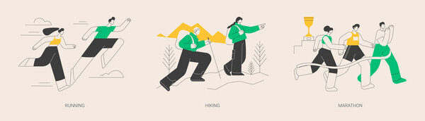 Спортивный образ жизни абстрактный векторный набор иллюстраций. Бег и пеший туризм, марафон, ежедневная спортивная тренировка, тренировочные упражнения, треккинг, гонка на скорость, уличная метафора.