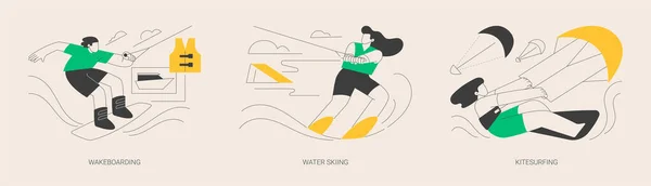 Sporty Wodne Abstrakcyjne Pojęcie Wektor Ilustracji Zestaw Wakeboarding Narty Wodne — Wektor stockowy