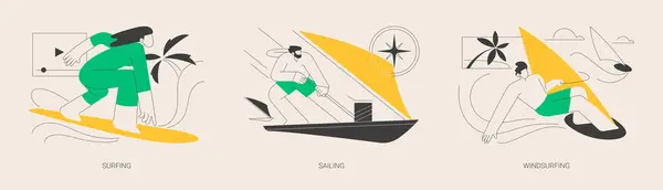 Summer Adventure Sport Abstract Concept Vector Illustration Set Surfing Sailing — Stock Vector