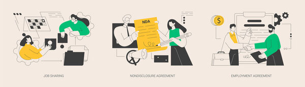 Рабочие условия Абстрактный набор векторных иллюстраций концепции. Обмен вакансиями, соглашение о неразглашении, трудовой договор, неполный рабочий день, конфиденциальная информация, финансовые отношения абстрактная метафора.