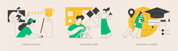 Learning opportunity abstract concept vector illustration set. Esports coaching, educational game and tourism, video games, play and learn, education platform, exchange student abstract metaphor.