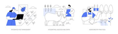 Sustainable agriculture plant cultivation isolated cartoon vector illustrations set. Integrated pest management, integrating livestock and crops, agroforestry practices vector cartoon.