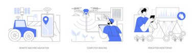 Internet Of Things in agriculture isolated cartoon vector illustrations set. Remote machine navigation, computer imaging, irrigation monitoring, sensor control, smart farming vector cartoon.