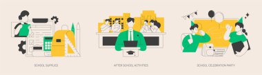 Okul hayatı soyut konsept vektör çizimi seti. Malzemeler, okul sonrası etkinlik, kutlama partisi, sınıf ekipmanları, ders dışı etkinlik, mezuniyet partisi, nişan soyut metaforu.