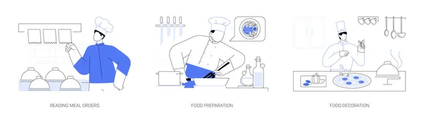 餐厅厨房抽象概念向量图集 阅读餐单 准备和装饰饭菜 餐厅厨师烹调食物 厨房职员 赫里卡企业抽象比喻 — 图库矢量图片