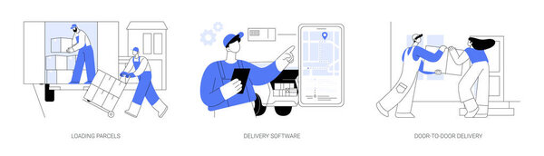Delivery company abstract concept vector illustration set. Loading parcels in truck, delivery smartphone app software, door-to-door express shipment, receive order, courier service abstract metaphor.